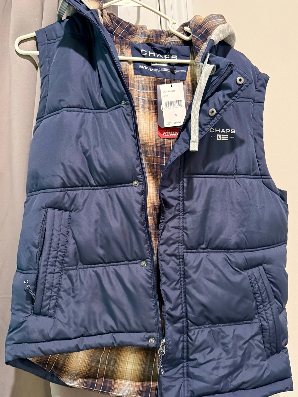 Chaps Men’s Navy Quilted Puffer Vest with Hood NWT